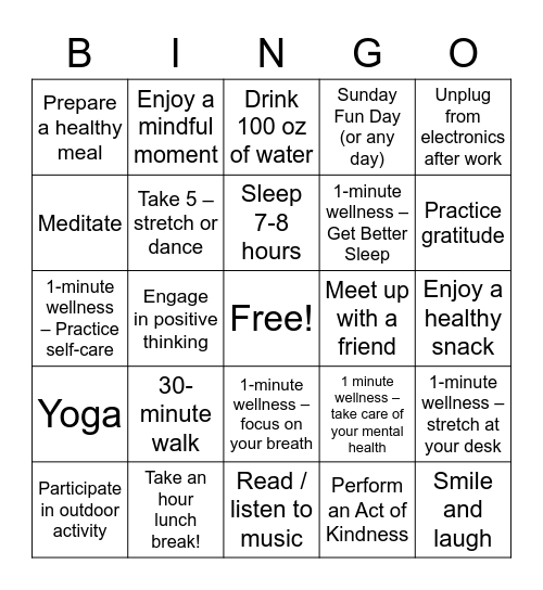 Talent Self-Care Bingo Card