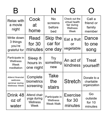 Wellness Week Bingo Card