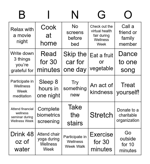 Wellness Week Bingo Card