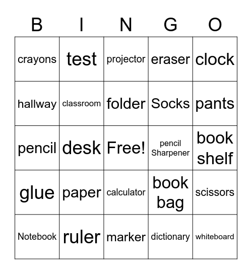 School Supplies  Bingo Card