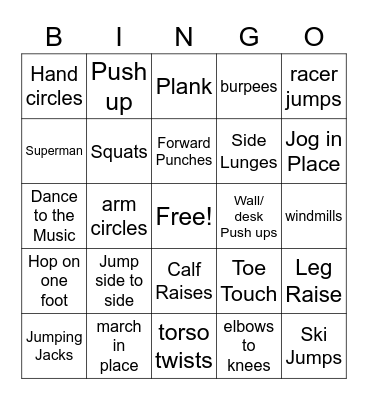 Exercise Bingo Card