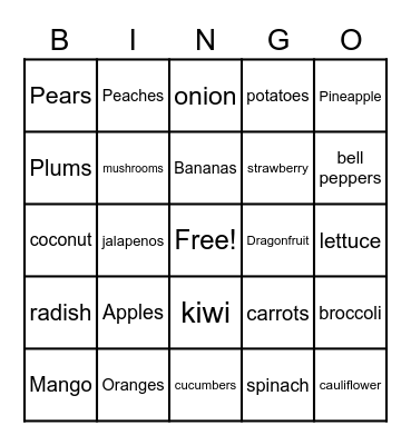 Fruits & Veggies Bingo Card