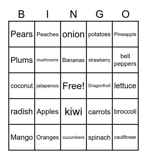 Fruits & Veggies Bingo Card