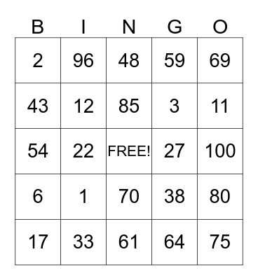 0-100 BINGO Card
