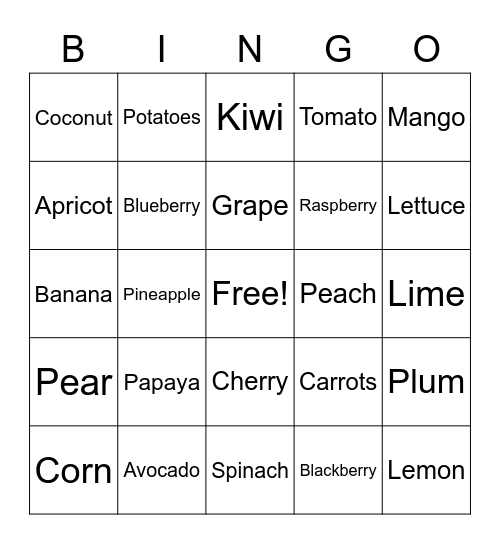 Fruit & Veggies Bingo Card