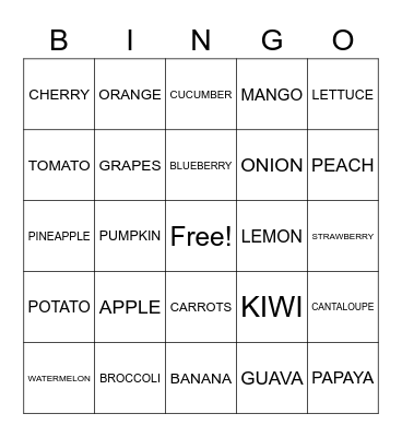 FRUIT/VEGGIES Bingo Card