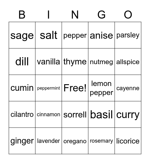 SPICES Bingo Card