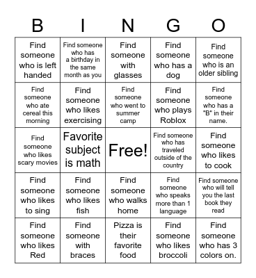 Find a Friend BINGO Card
