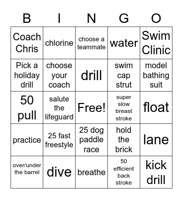Swimming Bingo Card