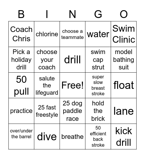 Swimming Bingo Card