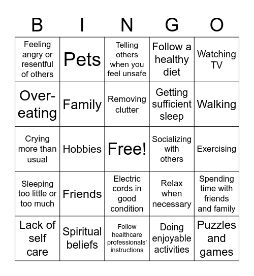 Healthy Aging Bingo Card