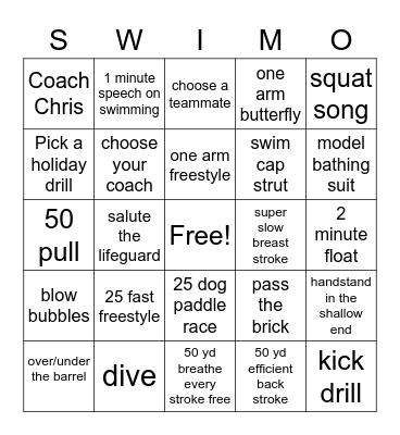 Swimming Bingo Card