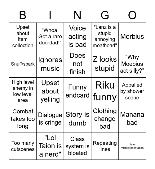 Dunkey's Thoughts on Xenoblade 3 Bingo Card