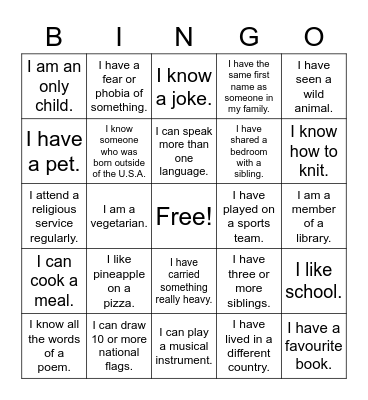 Diversity Bingo Card