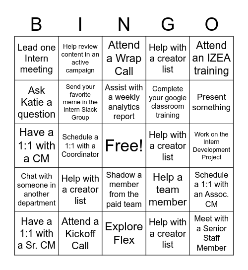 IZEA INTERN BINGO Card