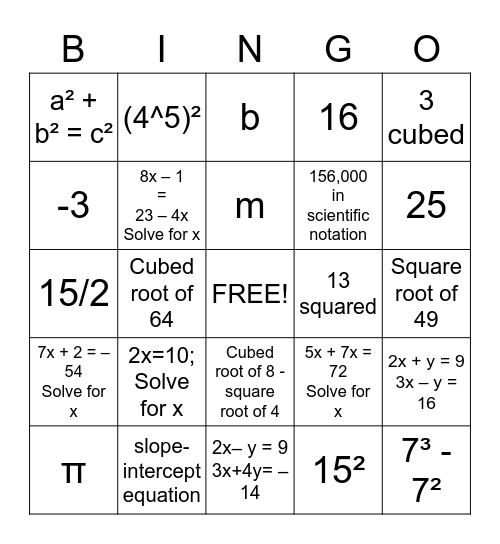 8th Grade Math Bingo Card