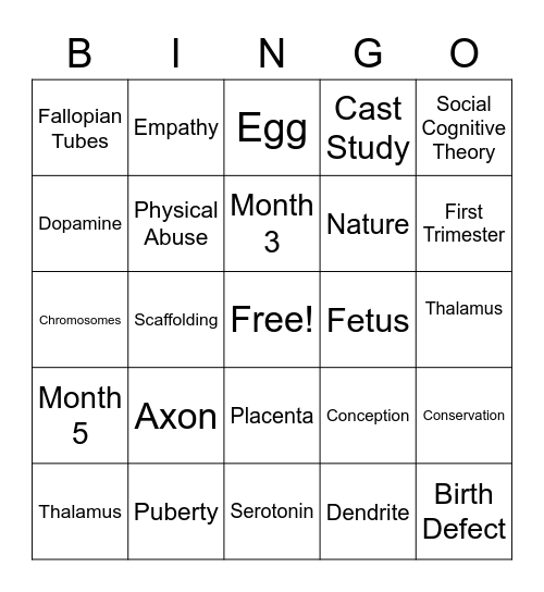 Human Growth and Development Bingo Card