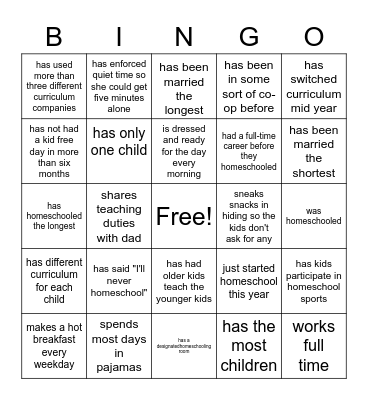 Find Someone Who: Homeschool Edition Bingo Card