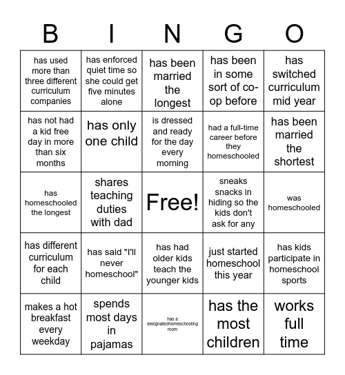 Find Someone Who: Homeschool Edition Bingo Card