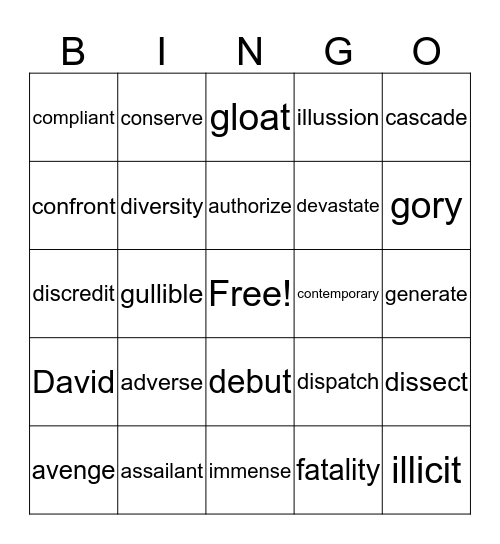 Middle School Vocabulary Bingo Card