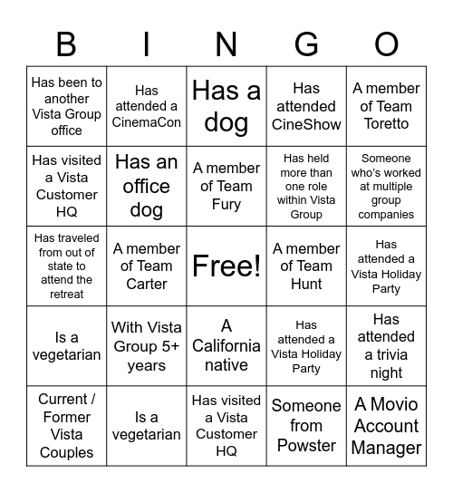 Vista Group PS Retreat '22 Bingo Card