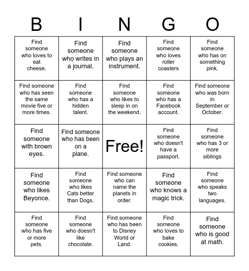 Get To Know You Bingo Card