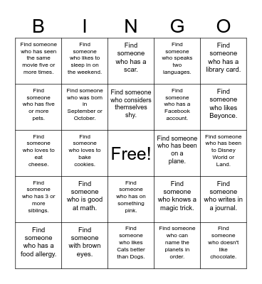 Get To Know You Bingo Card
