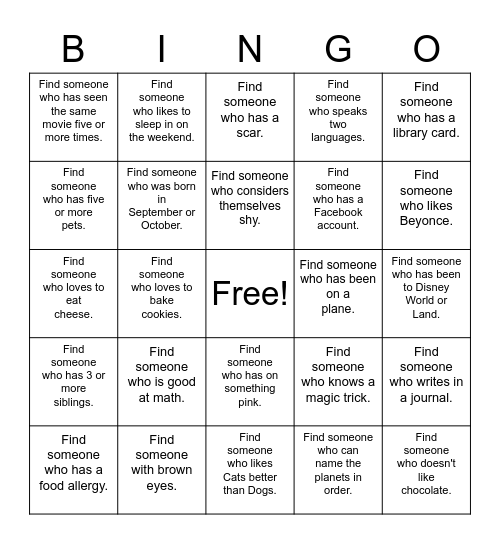 Get To Know You Bingo Card