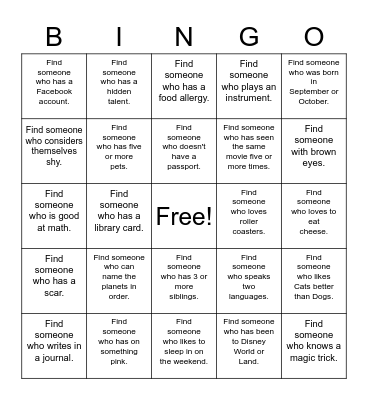 Get To Know You Bingo Card