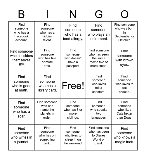 Get To Know You Bingo Card