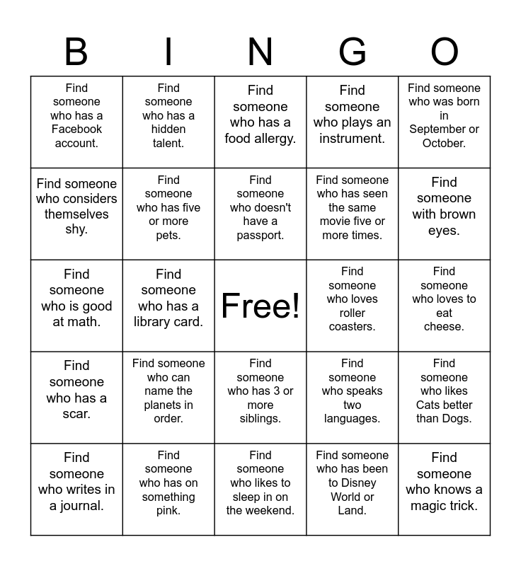 Get To Know You Bingo Card