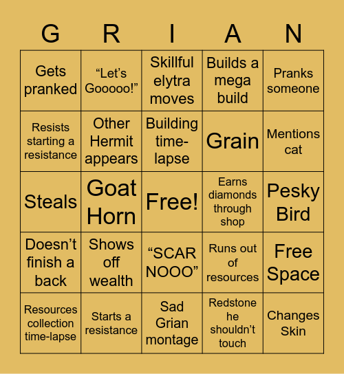 Hermitcraft Grian Bingo Card