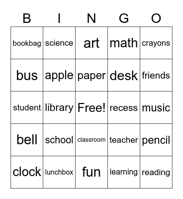 Back to School Bing Bingo Card