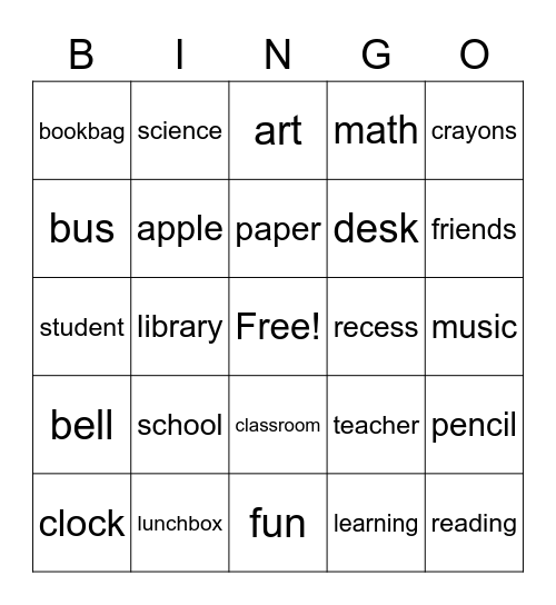 Back to School Bing Bingo Card