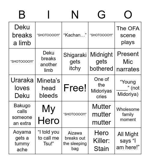 My Hero Bingo Card