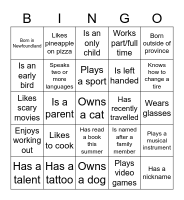 Getting To Know You Bingo Card