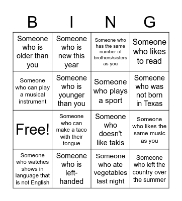 Getting to know you Bingo Card