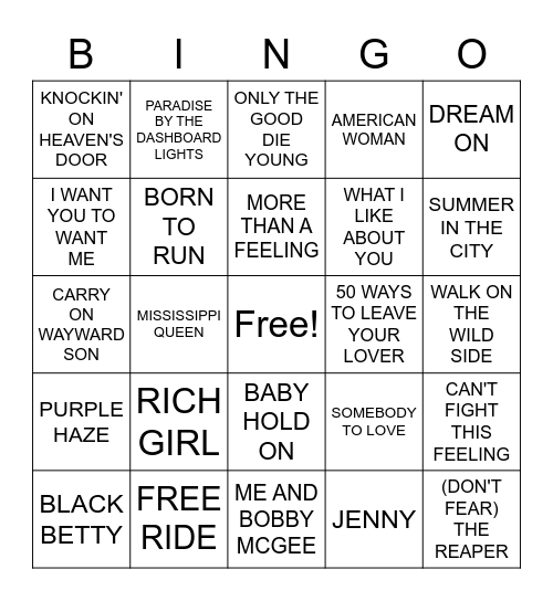 CLASSIC ROCK HITS Bingo Card