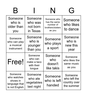 Getting to know you Bingo Card