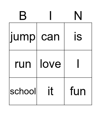 School Bingo Card