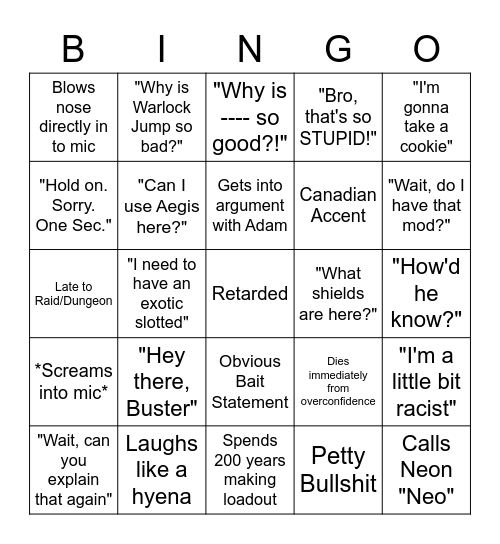 Nat-isms Bingo Card