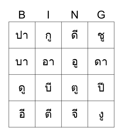 Bingo สระ อา อี อู Bingo Card
