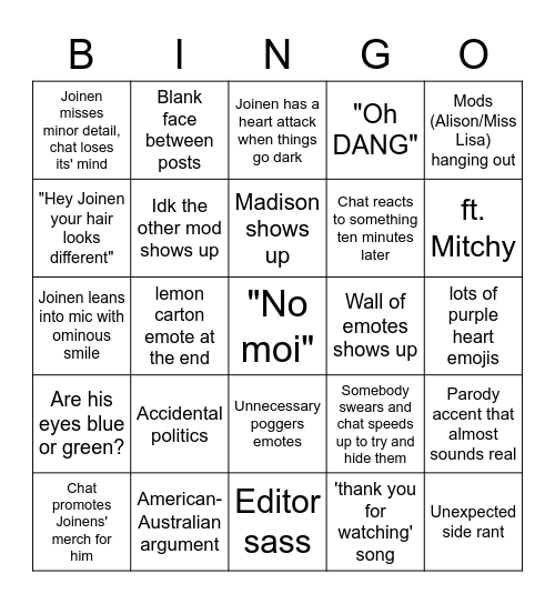 Joinen Livestream Bingo Card