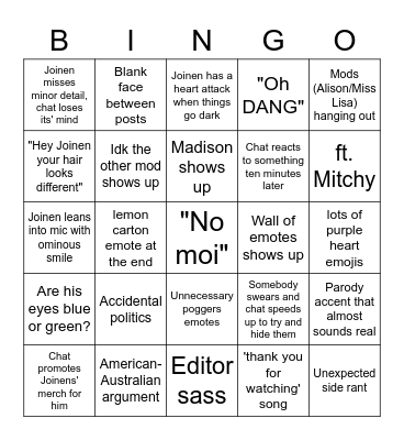 Joinen Livestream Bingo Card