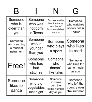 Getting to know you Bingo Card