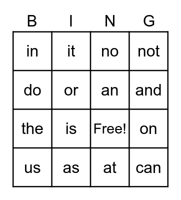 Sight Words cv/vc Bingo Card