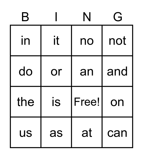 Sight Words cv/vc Bingo Card