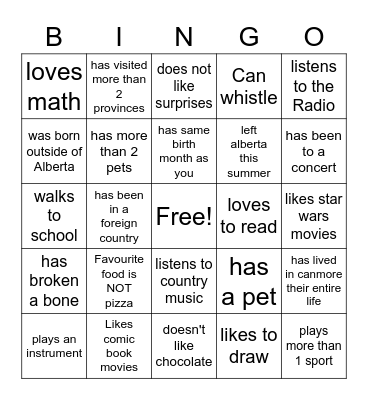 Grade 6J Bingo Card