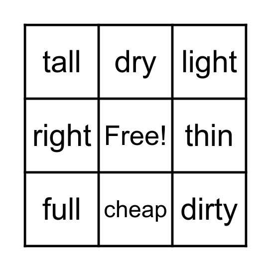 Opposite Bingo Card