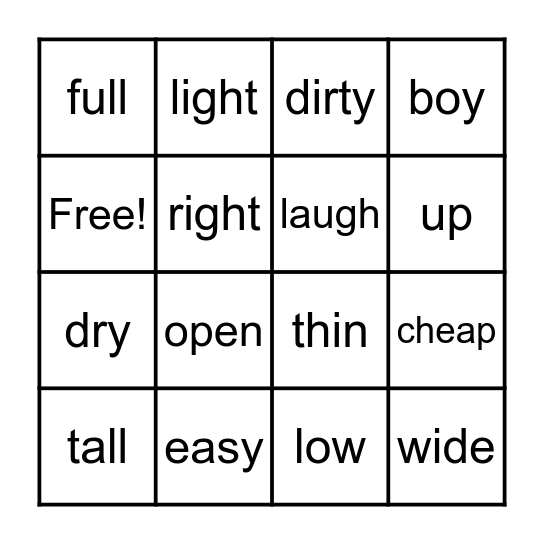 Opposite Bingo Card